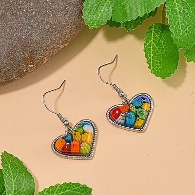 Multi Color Murano Style Heart Fish Hook Earrings in Stainless Steel
