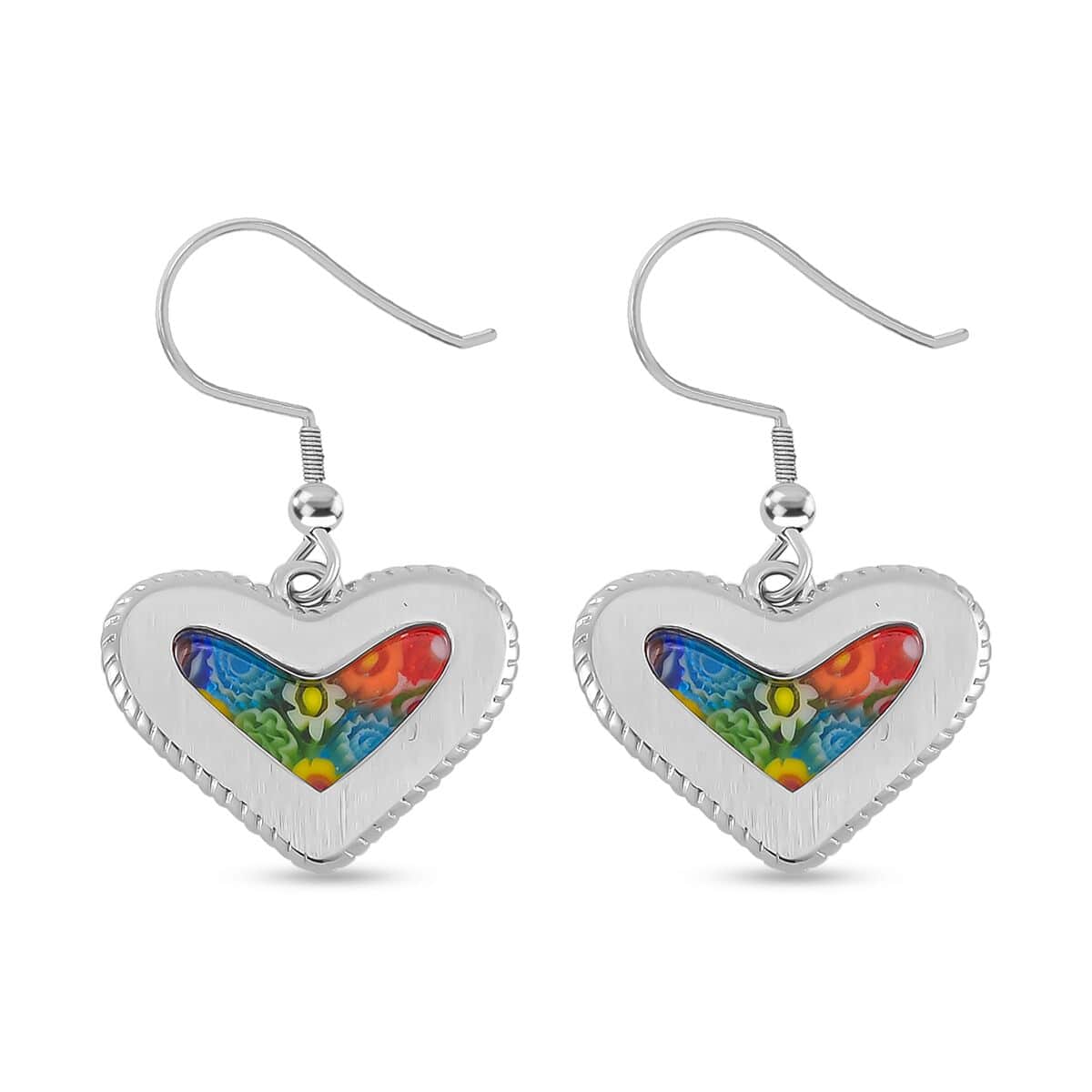 Multi Color Murano Style Heart Fish Hook Earrings in Stainless Steel image number 3