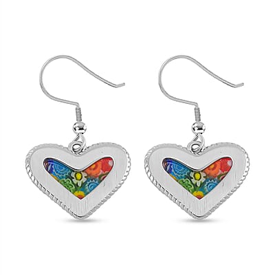 Multi Color Murano Style Heart Fish Hook Earrings in Stainless Steel