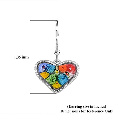 Multi Color Murano Style Heart Fish Hook Earrings in Stainless Steel