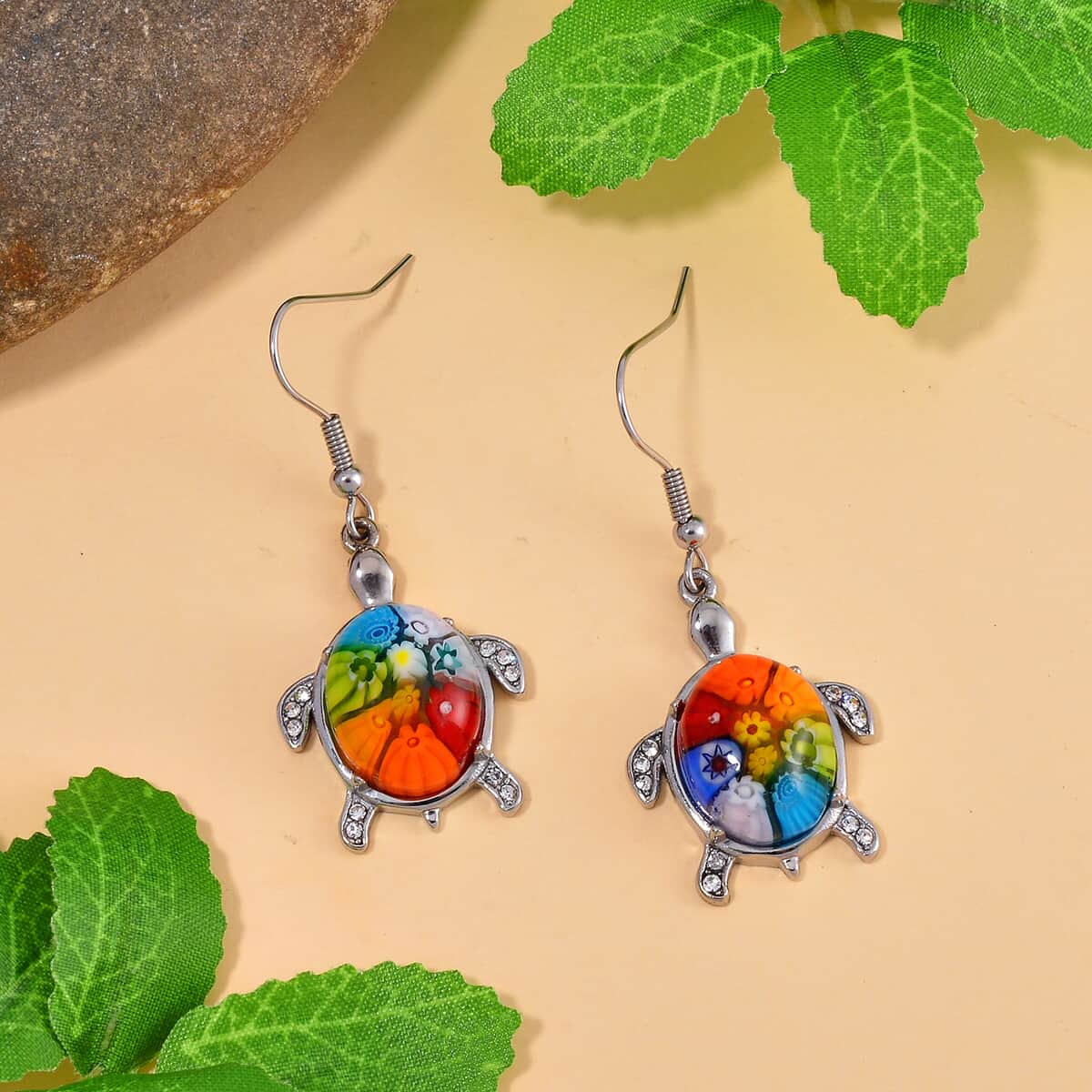 Multi Color Murano Style and Austrian Crystal Turtle Earrings in Stainless Steel image number 1