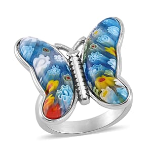 Multi Color Murano Style Butterfly Ring in Stainless Steel (Size 10.0)