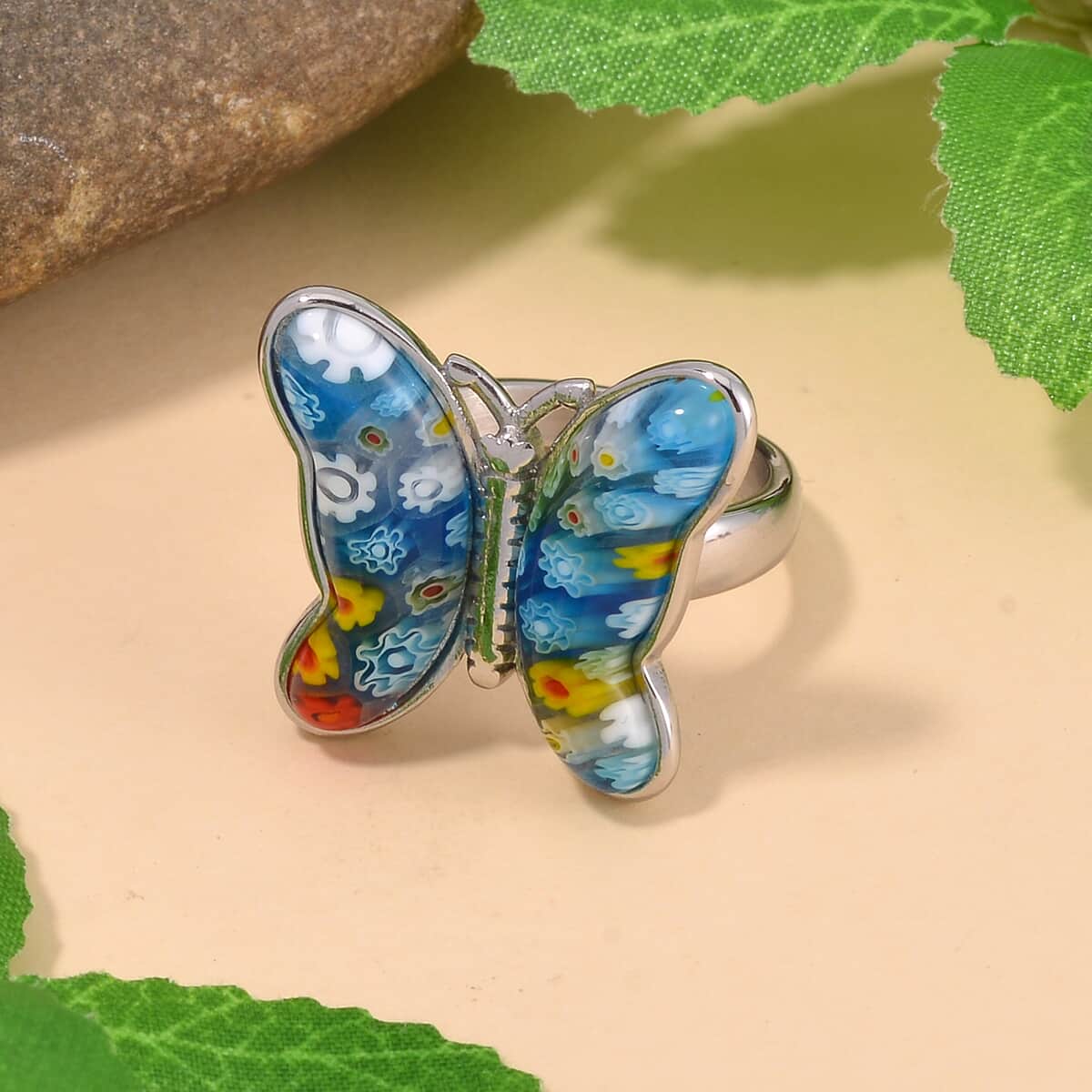 Multi Color Murano Style Butterfly Ring in Stainless Steel (Size 7.0) image number 1