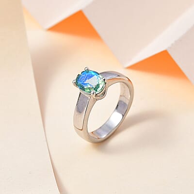 Peacock Quartz (Triplet) Solitaire Ring in Platinum Over Sterling Silver (Size 10.0) 1.50 ctw