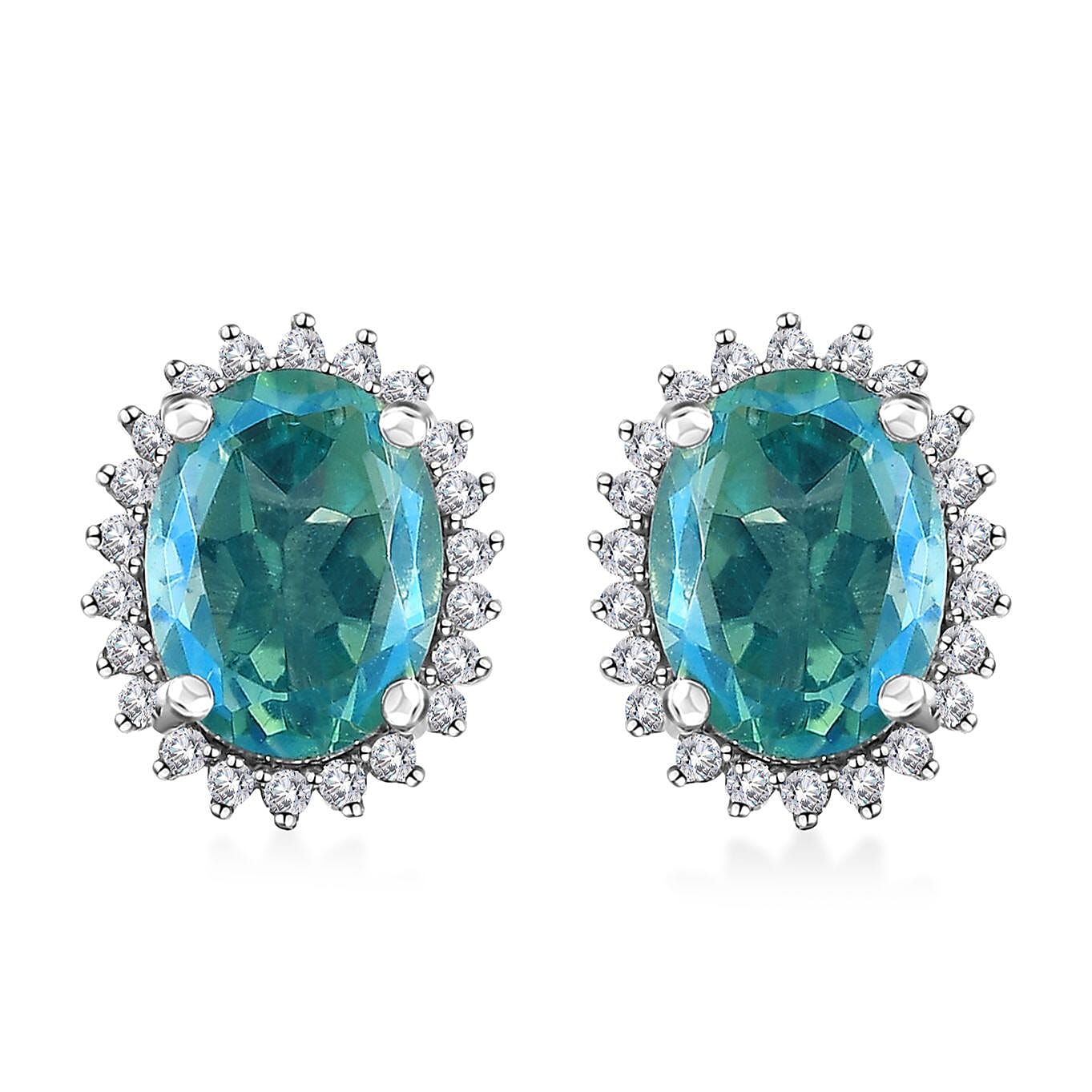 Peacock Quartz (Triplet) and White Zircon Halo Stud Earrings in Platinum Over Sterling Silver 3.30 ctw