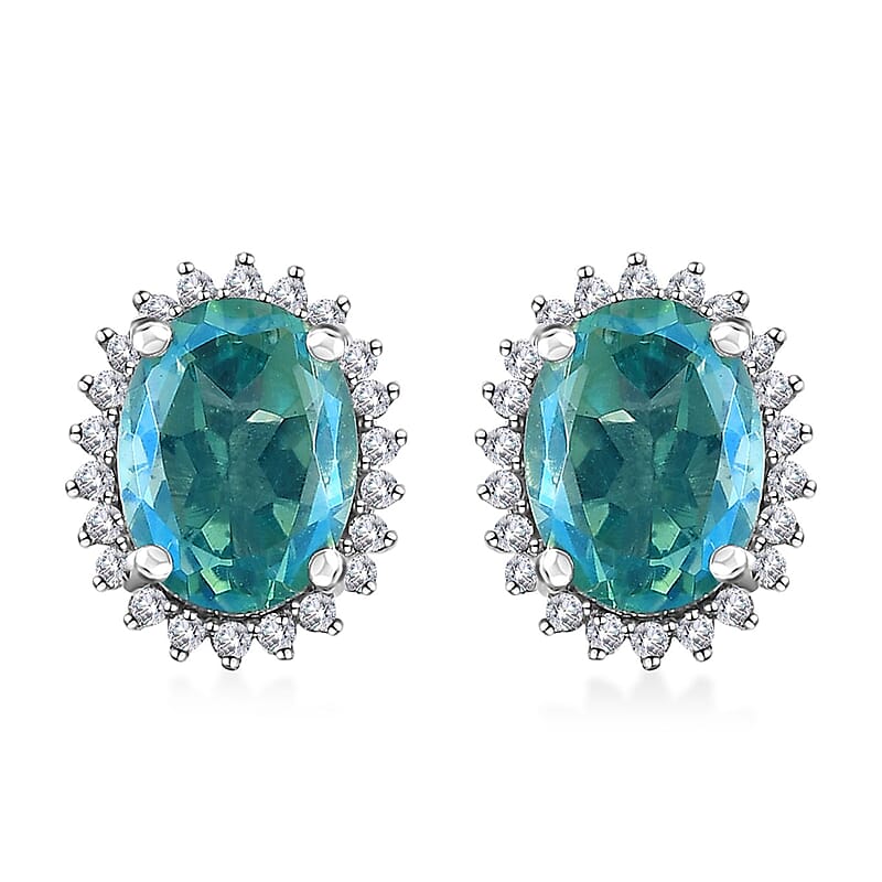 Peacock Quartz (Triplet) and White Zircon Halo Stud Earrings in Platinum Over Sterling Silver 3.30 ctw