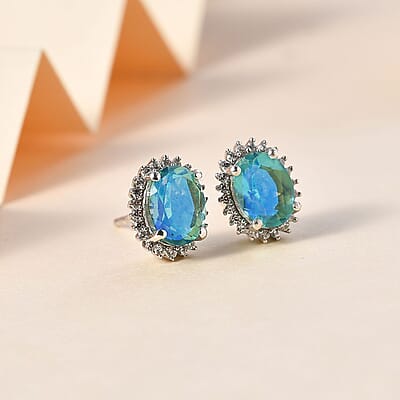 Peacock Quartz (Triplet) and White Zircon Halo Stud Earrings in Platinum Over Sterling Silver 3.30 ctw