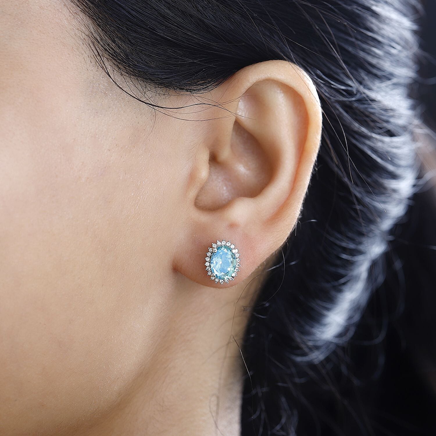Peacock Quartz (Triplet) and White Zircon Halo Stud Earrings in Platinum Over Sterling Silver 3.30 ctw