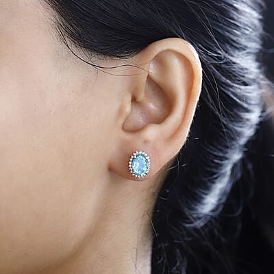 Peacock Quartz (Triplet) and White Zircon Halo Stud Earrings in Platinum Over Sterling Silver 3.30 ctw