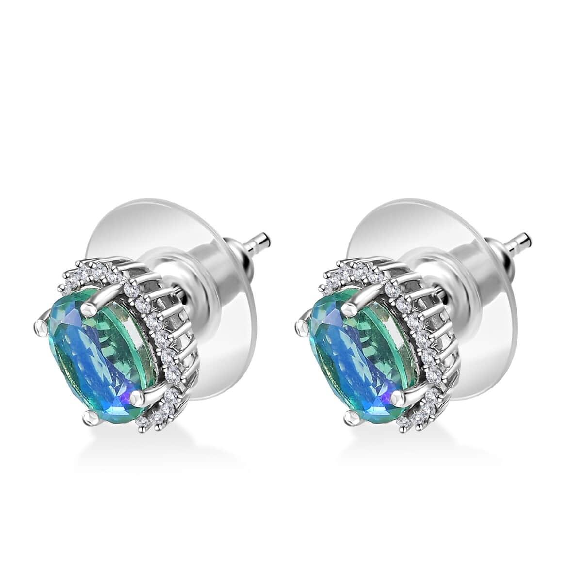 Peacock Quartz (Triplet) and White Zircon Halo Stud Earrings in Platinum Over Sterling Silver 3.30 ctw image number 3