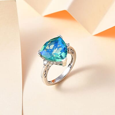Peacock Quartz (Triplet) and Moissanite Ring in Platinum Over Sterling Silver (Size 10.0) 5.60 ctw