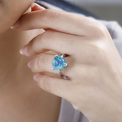Peacock Quartz (Triplet) and Moissanite Ring in Platinum Over Sterling Silver (Size 10.0) 5.60 ctw