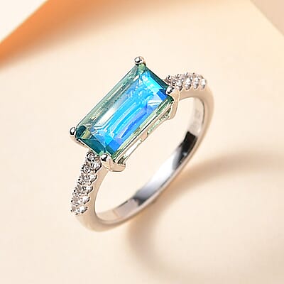 D'Joy Premium Peacock Quartz (Bgt) and White Zircon 1.40 ctw Ring in Platinum Over Sterling Silver (Size 11.0)