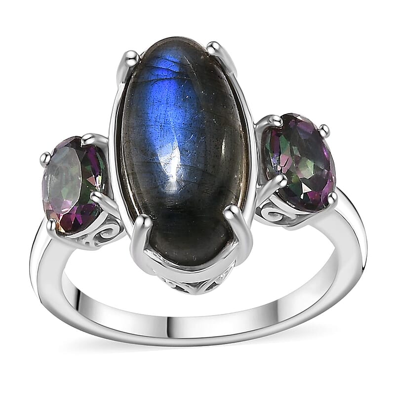 Malagasy Labradorite and Northern Lights Mystic Topaz 3 Stone Ring in Platinum Over Sterling Silver (Size 10.0) 7.15 ctw