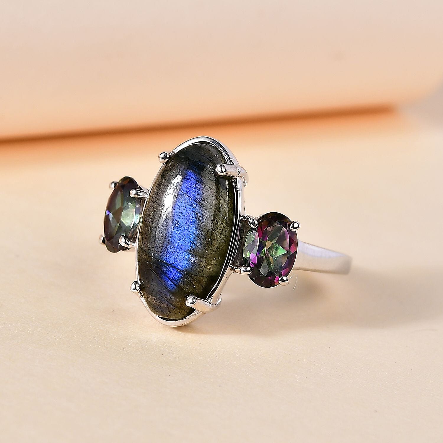 Malagasy Labradorite and Northern Lights Mystic Topaz 3 Stone Ring in Platinum Over Sterling Silver (Size 10.0) 7.15 ctw