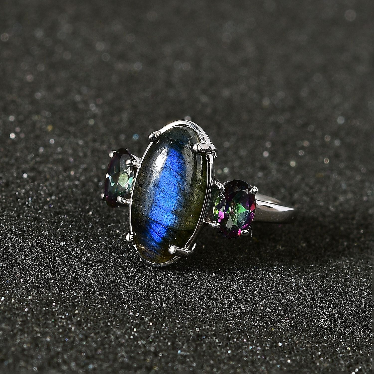 Malagasy Labradorite and Northern Lights Mystic Topaz 3 Stone Ring in Platinum Over Sterling Silver (Size 10.0) 7.15 ctw