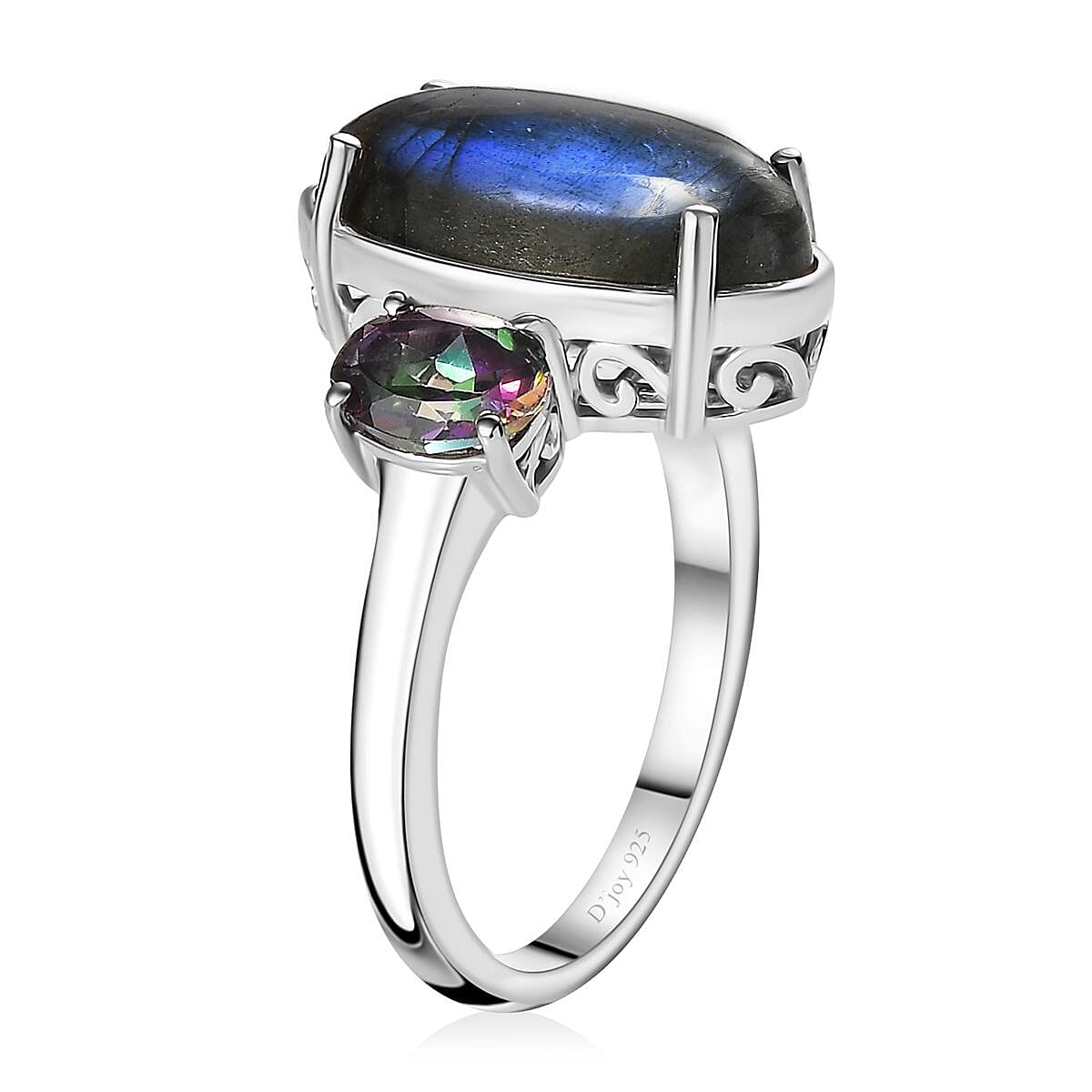Malagasy Labradorite and Northern Lights Mystic Topaz 3 Stone Ring in Platinum Over Sterling Silver (Size 10.0) 7.15 ctw