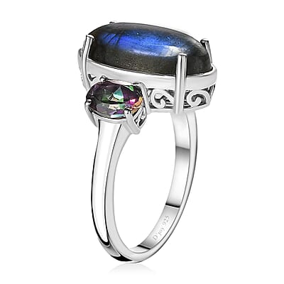Malagasy Labradorite and Northern Lights Mystic Topaz 3 Stone Ring in Platinum Over Sterling Silver (Size 10.0) 7.15 ctw