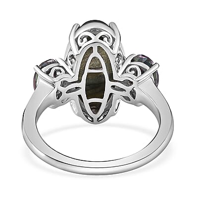 Malagasy Labradorite and Northern Lights Mystic Topaz 3 Stone Ring in Platinum Over Sterling Silver (Size 10.0) 7.15 ctw