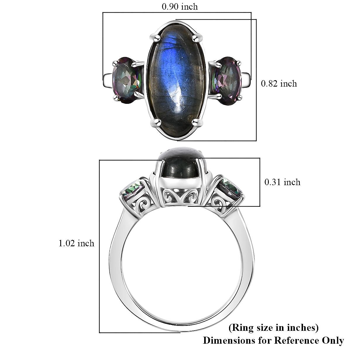 Malagasy Labradorite and Northern Lights Mystic Topaz 3 Stone Ring in Platinum Over Sterling Silver (Size 10.0) 7.15 ctw