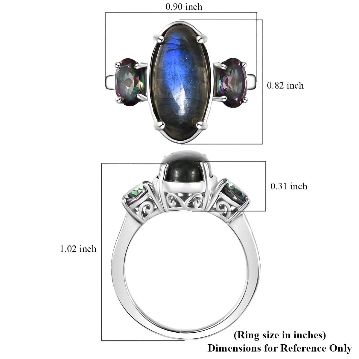 Malagasy Labradorite and Northern Lights Mystic Topaz 3 Stone Ring in Platinum Over Sterling Silver (Size 10.0) 7.15 ctw image number 6