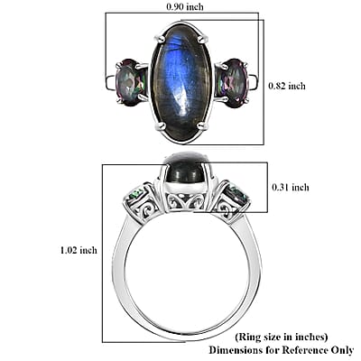 Malagasy Labradorite and Northern Lights Mystic Topaz 3 Stone Ring in Platinum Over Sterling Silver (Size 10.0) 7.15 ctw