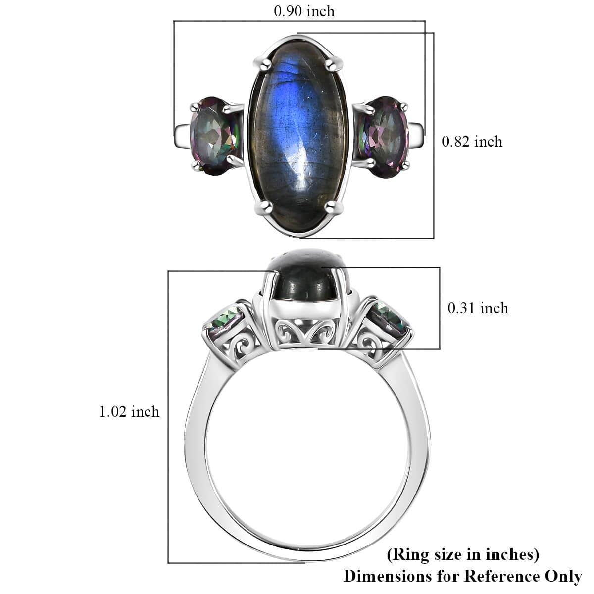 Malagasy Labradorite and Northern Lights Mystic Topaz 3 Stone Ring in Platinum Over Sterling Silver (Size 6.0) 7.15 ctw image number 6