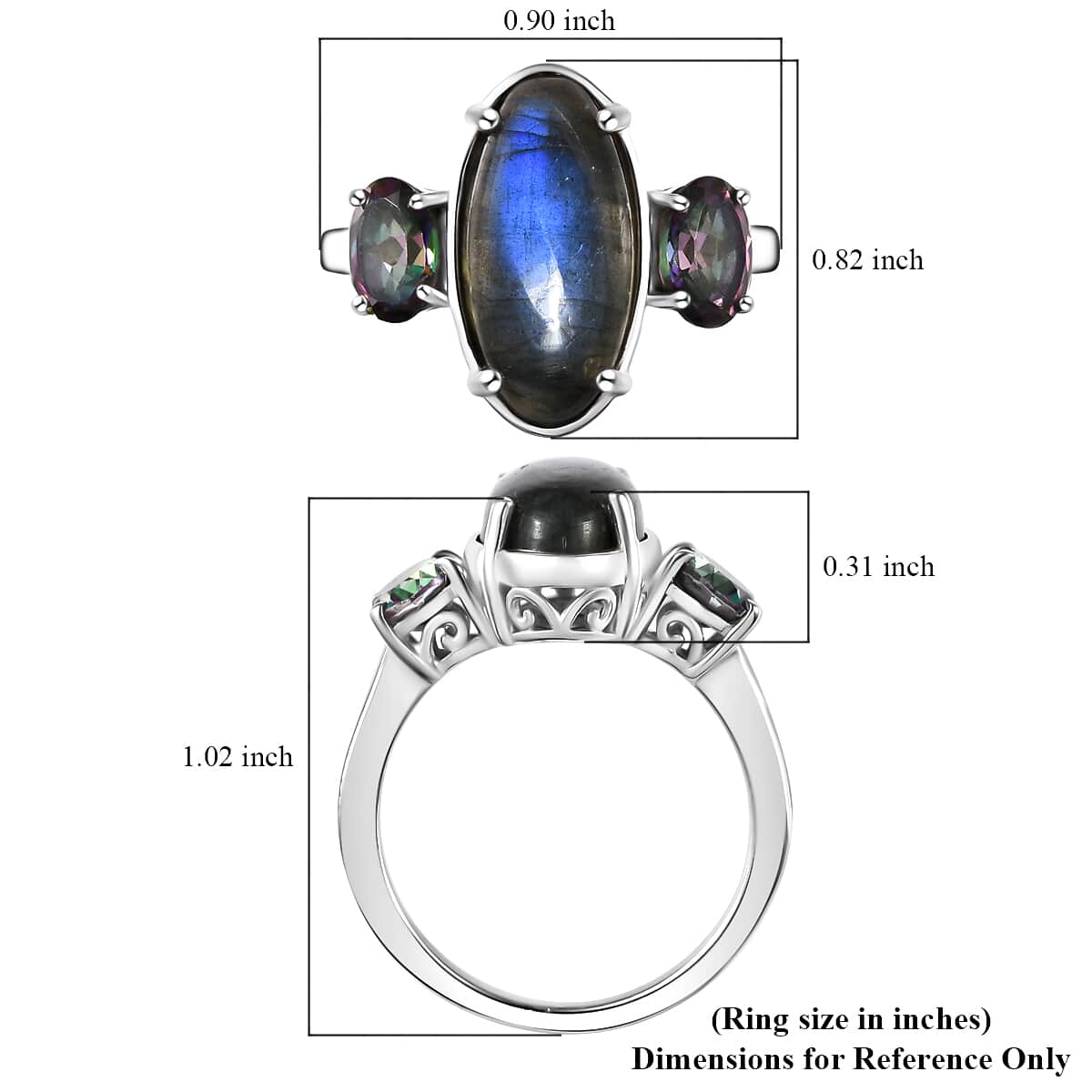 Malagasy Labradorite and Northern Lights Mystic Topaz 3 Stone Ring in Platinum Over Sterling Silver (Size 8.0) 7.15 ctw image number 6