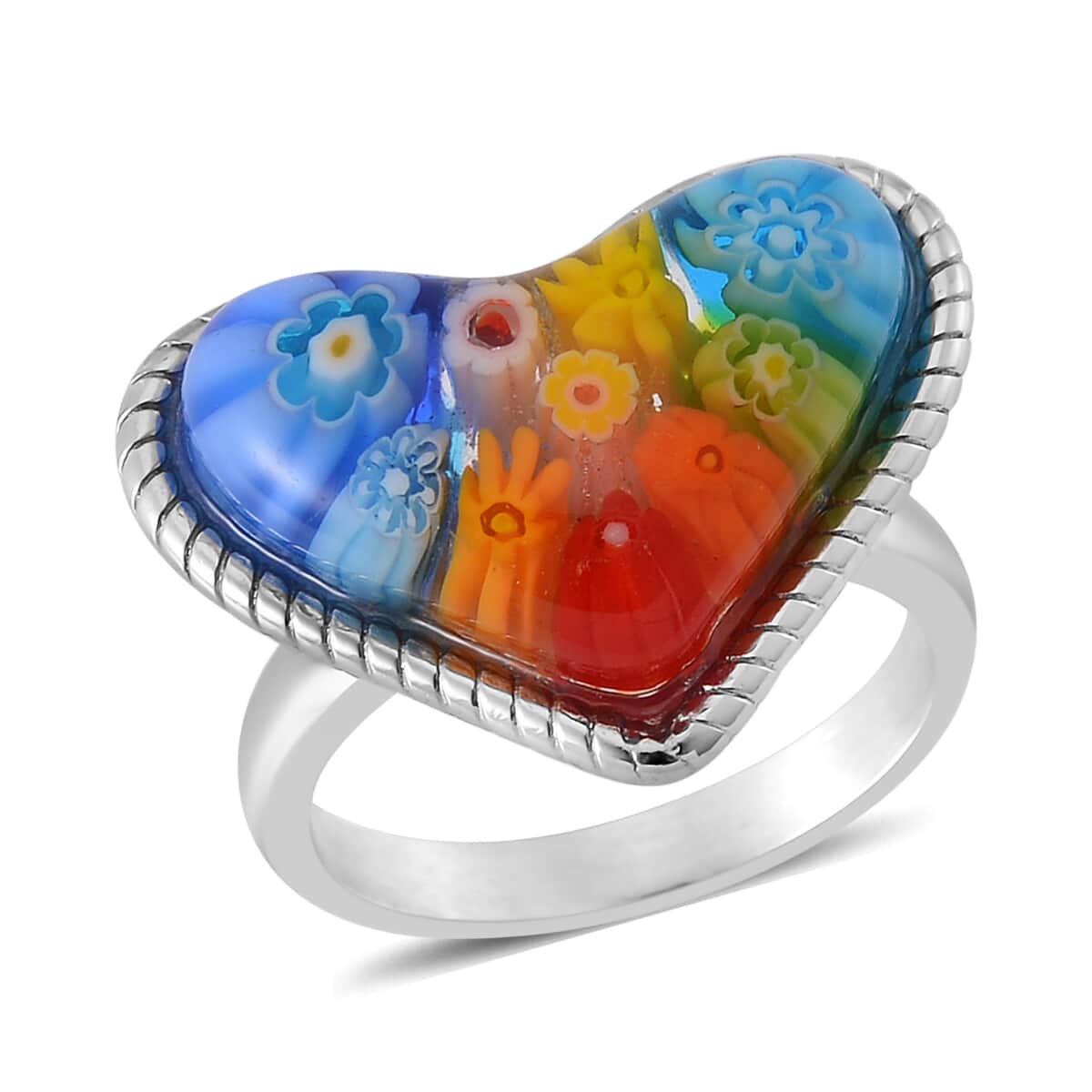 Multi Color Murano Style Heart Ring in Stainless Steel (Size 10.0) image number 0