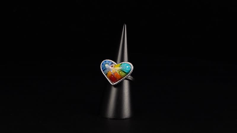 Multi Color Murano Style Heart Ring in Stainless Steel (Size 10.0)