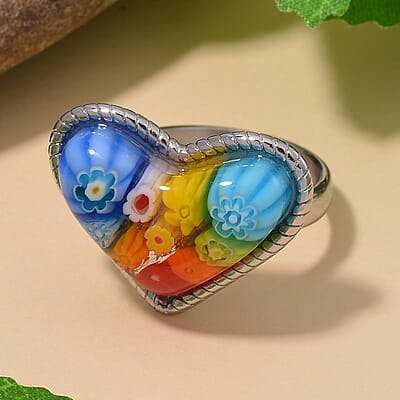 Multi Color Murano Style Heart Ring in Stainless Steel (Size 10.0)