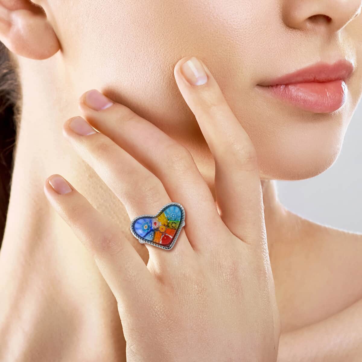 Multi Color Murano Style Heart Ring in Stainless Steel (Size 10.0) image number 2