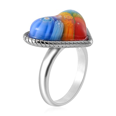 Multi Color Murano Style Heart Ring in Stainless Steel (Size 10.0)