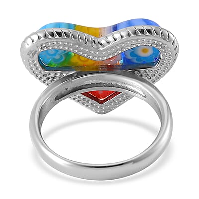 Multi Color Murano Style Heart Ring in Stainless Steel (Size 10.0)