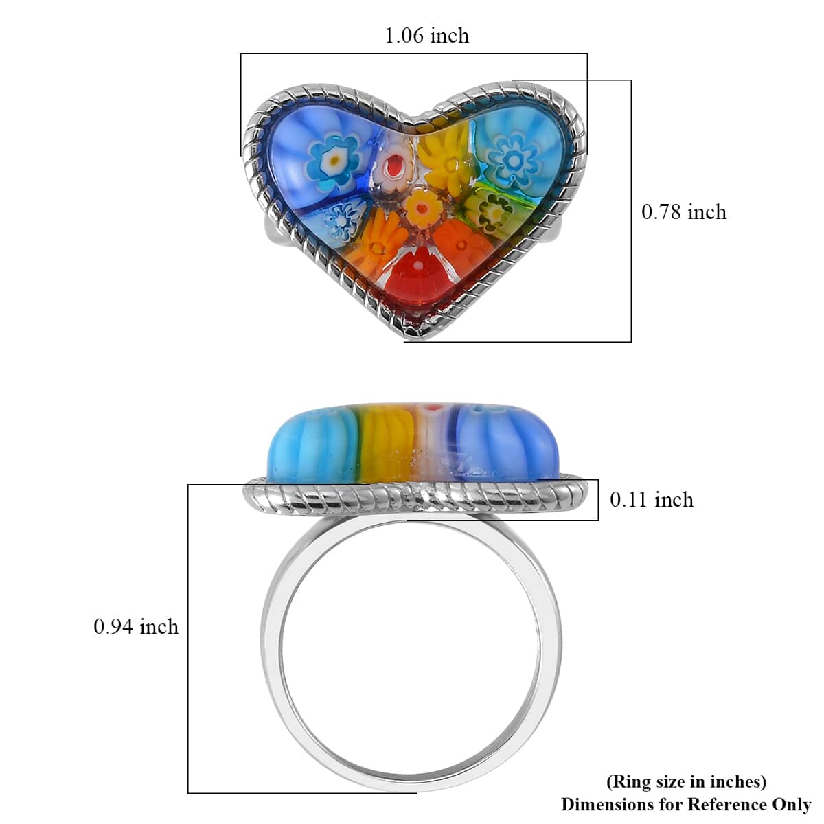 Multi Color Murano Style Heart Ring in Stainless Steel (Size 10.0) image number 5