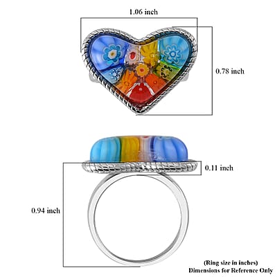 Multi Color Murano Style Heart Ring in Stainless Steel (Size 10.0)