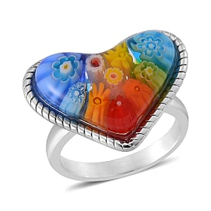 Multi Color Murano Style Heart Ring in Stainless Steel (Size 9.0)