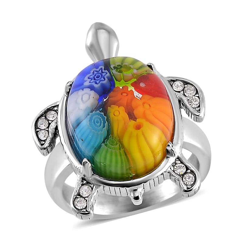 Multi Color Murano Style and Austrian Crystal Turtle Ring in Stainless Steel (Size 10.0)