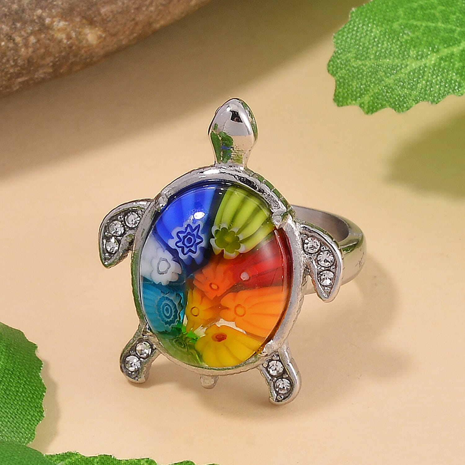 Multi Color Murano Style and Austrian Crystal Turtle Ring in Stainless Steel (Size 10.0)