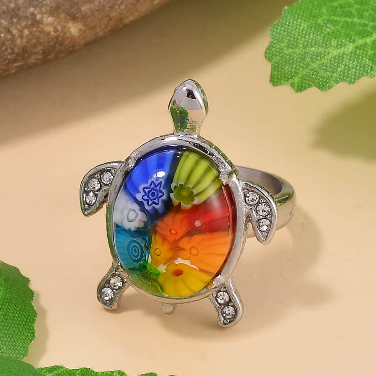 Multi Color Murano Style and Austrian Crystal Turtle Ring in Stainless Steel (Size 10.0) image number 1
