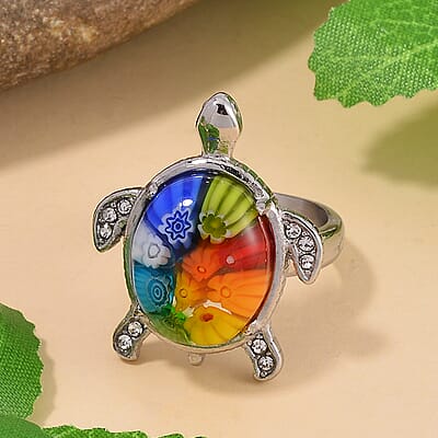 Multi Color Murano Style and Austrian Crystal Turtle Ring in Stainless Steel (Size 10.0)