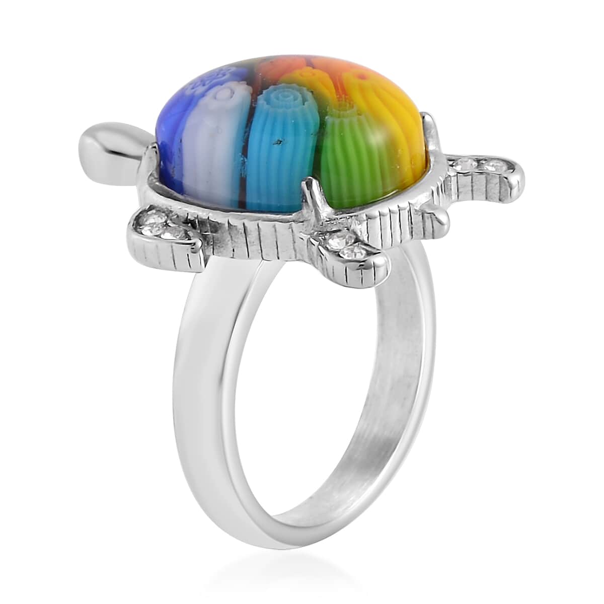 Multi Color Murano Style, Austrian Crystal Turtle Ring in Stainless Steel (Size 10.0) image number 3