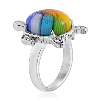 Multi Color Murano Style and Austrian Crystal Turtle Ring in Stainless Steel (Size 10.0)