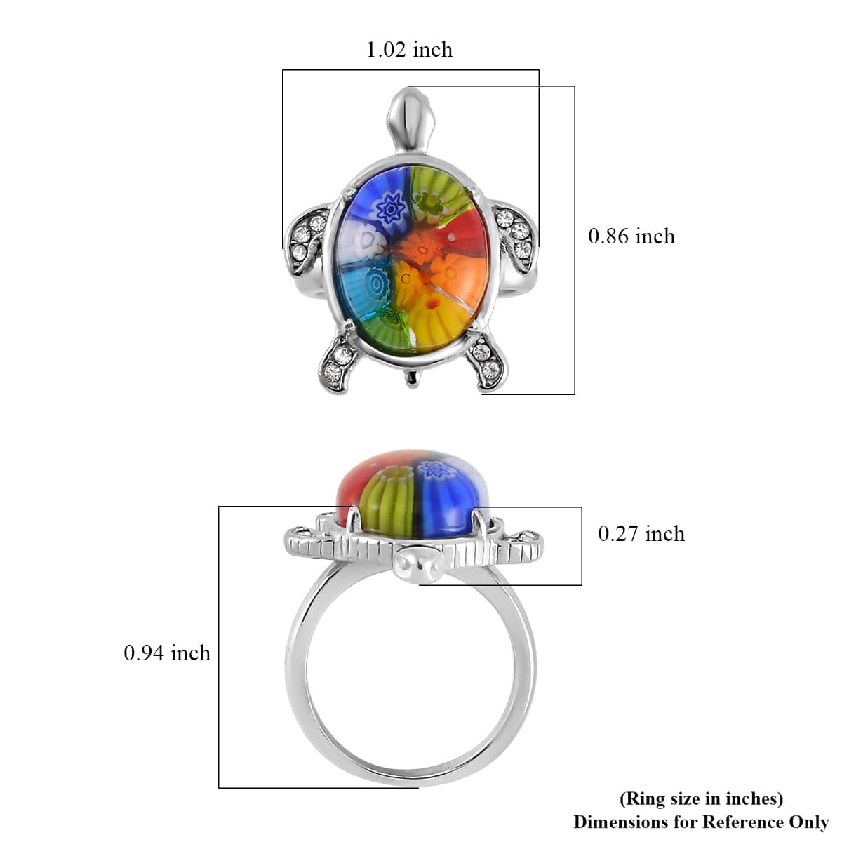 Multi Color Murano Style, Austrian Crystal Turtle Ring in Stainless Steel (Size 10.0) image number 5