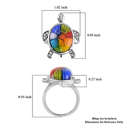 Multi Color Murano Style and Austrian Crystal Turtle Ring in Stainless Steel (Size 10.0)