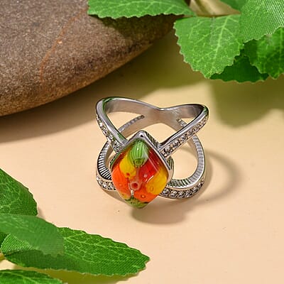 Multi Color Murano Style and Austrian Crystal Open Shank Ring in Stainless Steel (Size 10.0)