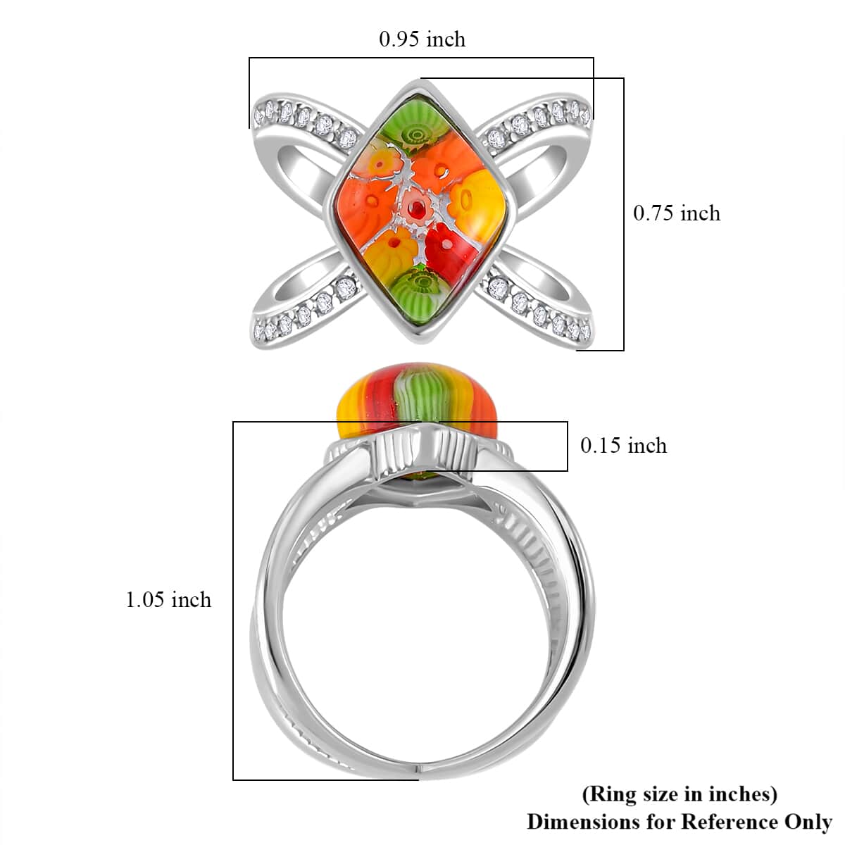 Multi Color Murano Style and Austrian Crystal Open Shank Ring in Stainless Steel (Size 10.0) image number 5