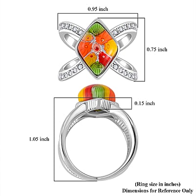 Multi Color Murano Style and Austrian Crystal Open Shank Ring in Stainless Steel (Size 10.0)