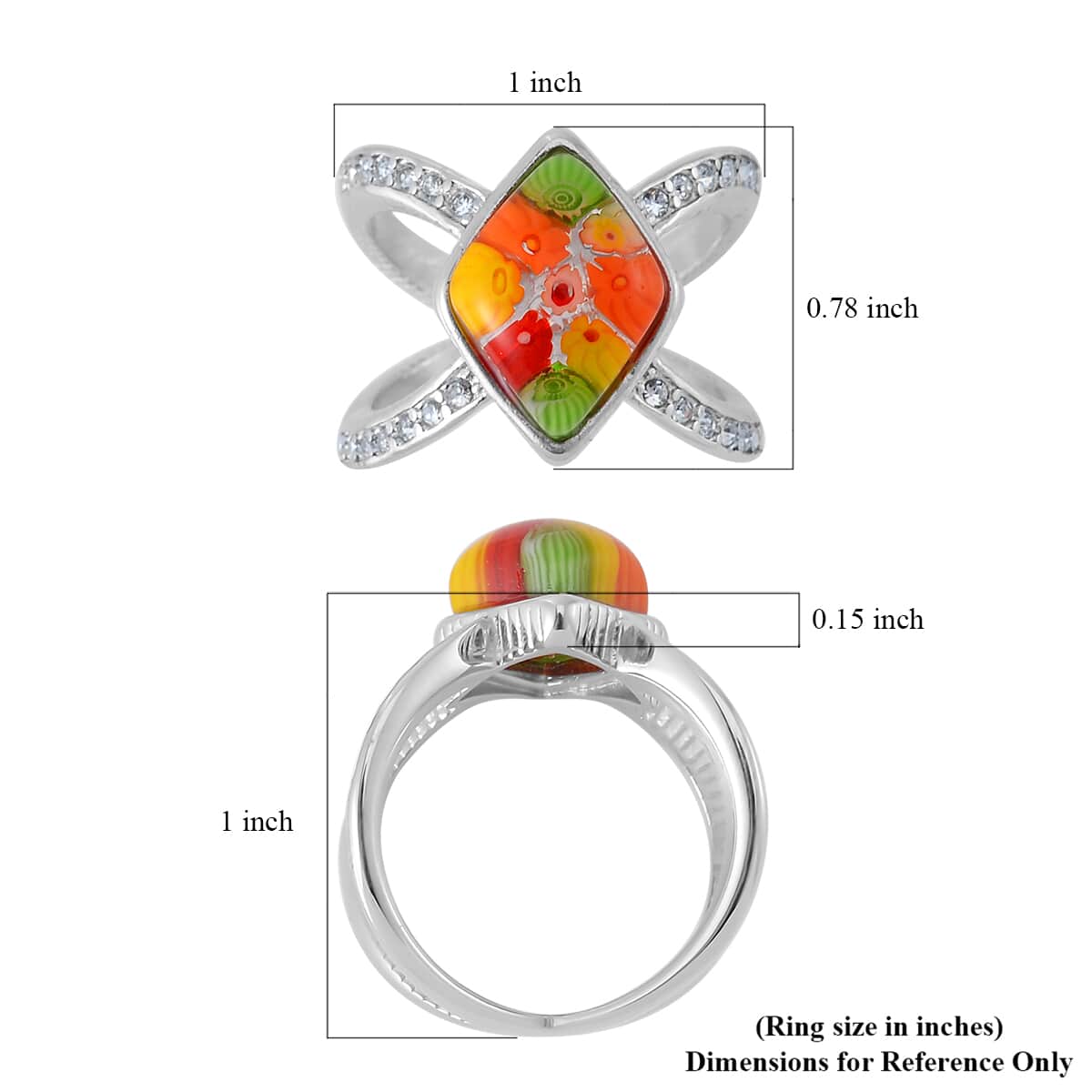 Multi Color Murano Style and Austrian Crystal Open Shank Ring in Stainless Steel (Size 10.0) image number 6