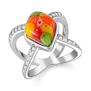 Multi Color Murano Style and Austrian Crystal Open Shank Ring in Stainless Steel (Size 9.0)